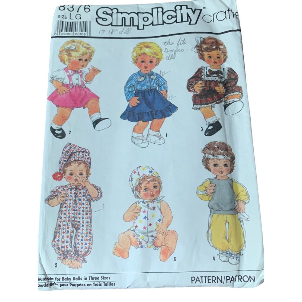 Simplicity 8376 Baby Doll Clothes Sewing Pattern LG 13-18" Wardrobe Set 80s